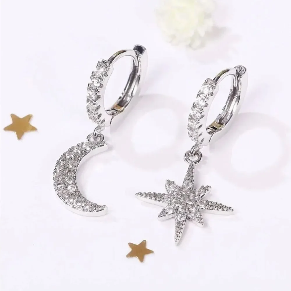 Silver Crescent Moon and Star Earrings R319